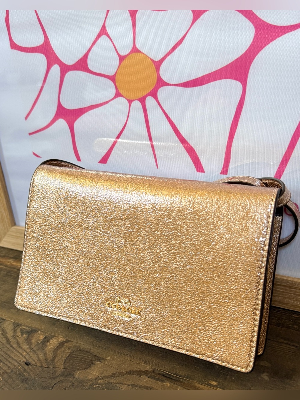 Coach Hayden Foldover Crossbody Clutch Bag Crinkle Metallic Rose Gold Leather
